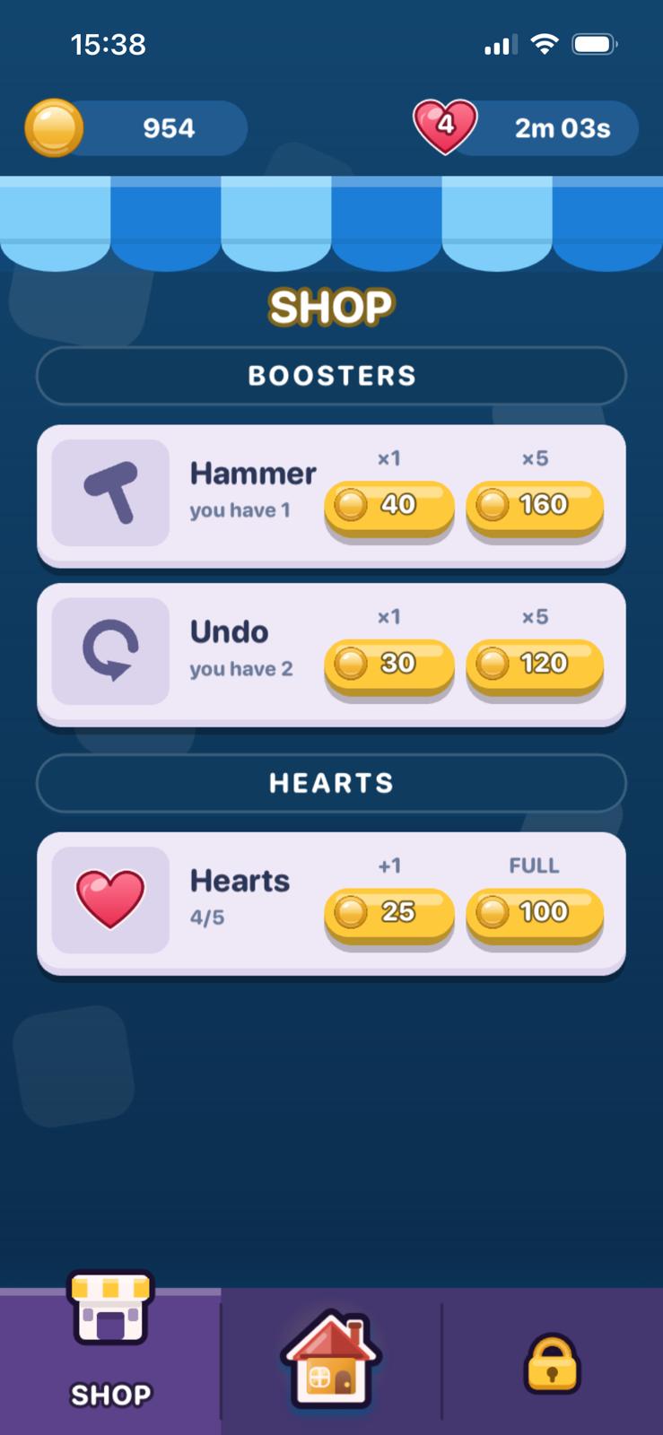 The Square Swipe shop: hammers, undos and hearts, bought with coins.